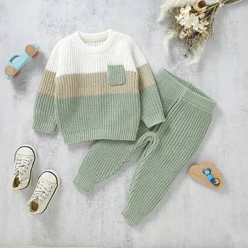 Kūdikių drabužių rinkiniai Megztas vaikiškas megztinis+Kelnės 2PC Baby Gril Boy megztinis ilgomis rankovėmis +Kelnės Mada Dryžuotas šiltas ruduo