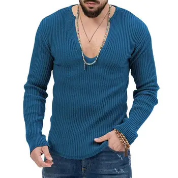 Fall Sweater Men V Neck Slim Fit Long Sleeve Elastic Knitted Pullover Striped Solid Color Men Bottoming Top sueteres para hombre