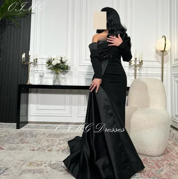 OIMG Saudo Arabijos nuo pečių karoliukais puoštos prom suknelės ilgomis rankovėmis Satin juoda undinėlė Vintažiniai paprasti vakariniai chalatai Oficiali vakarinė suknelė