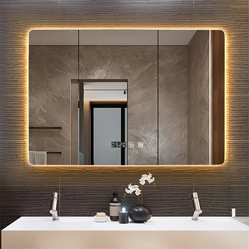 Stačiakampis sieninis išmanusis veidrodis vonios kambaryje WIth LED šviesos laiko / temperatūros ekranas Anti-rūko jutiklinis jungiklis Tuštybės veidrodžiai