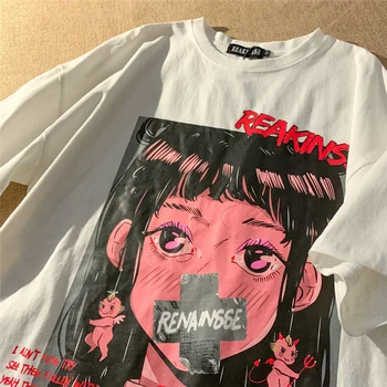 Moteriški drabužiai Vasaros gatvės drabužiai Gotikiniai Viršutiniai marškinėliai Anime Girly Graphics Print marškinėliai Vintage Loose Y2k Kawaii Top Women Kawaii