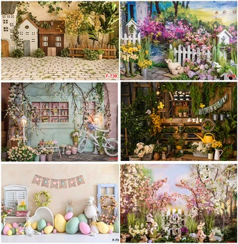 Pavasario sodas Velykų tema Gėlės Augalai Zuikio kiaušiniai Natūralus scenos fonas Fotografija Kūdikių portretų reklamjuostės fonas