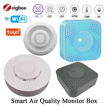 Tuya WIFI/Zigbee Smart Air Quality Monitor Box VOC HCHO PM2.5/10 Dujų detektorius Temperatūros drėgmės matuoklis 6 IN 1 Oro namų tvarkytoja