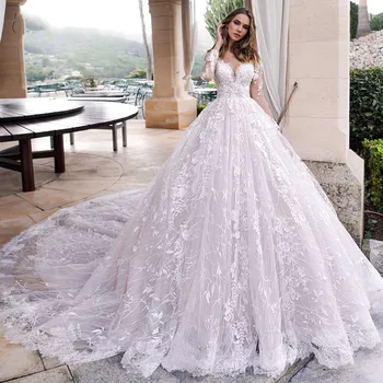 Vintažinės naujos nėrinių vestuvinės suknelės Elegantiška aplikacija ilgomis rankovėmis Sagos nuotakos suknelė Katedros traukinys Nuotakos suknelė vestidos de mairee
