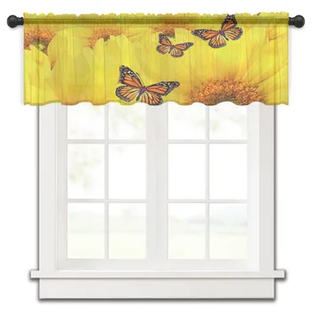 Saulėgrąžų geltonas drugelis Puokštė Trumpa vientisa lango užuolaida Tiulio užuolaidos virtuvės miegamajam Namų dekoras Mažos voile užuolaidos