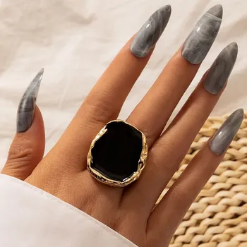 Bohemijos juodo akmens auksinis žiedas moterims vyrams Charms lašantis aliejus Didelis jungtinis žiedas Gotikiniai papuošalų aksesuarai кольца