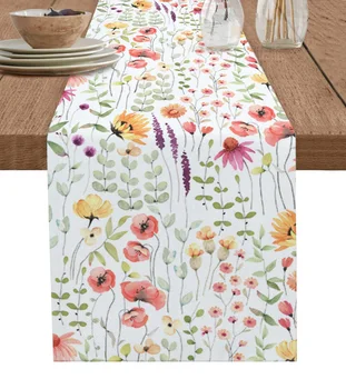 Akvarelė Gėlių kaimiškas vintažinis lininis stalas bėgikas Virtuvės stalo dekoravimas Sodyba Valgomojo stalo audinys Vestuvių vakarėlio dekoras