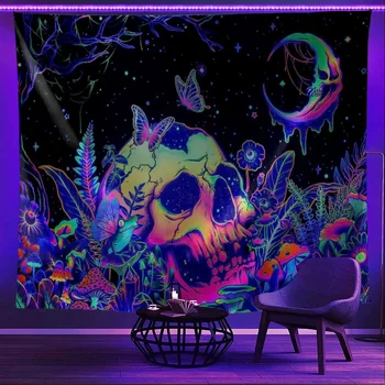 Blacklight Fantasy Skull Starry Sky gėlių augalų siena Kabantis gobelenas Hipis UV reaktyvus galaktikos kosminis namų kambario dekoras