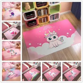 Rožiniai vienaragių serijos kilimai Flanelinio animacinio filmo 3D spausdintas vaikų žaidimų aikštelės kilimėliai Vaikų kambarys Nuskaitymo grindų kilimėlis Mergaičių kambario dekoro kilimas