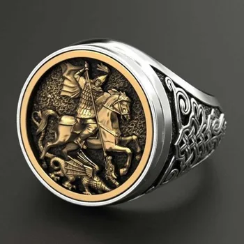 Unikalus suvereno vyrų žiedas su portretu Šv. 925 Dviejų atspalvių Romos kareivio drakono žiedas