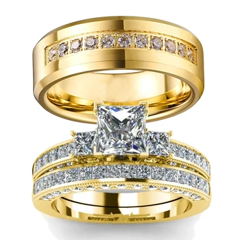 Romantiškas poros žiedas Vyrų Cz nerūdijančio plieno žiedas Moterų kvadratinio pjaustymo krištolo cirkonio žiedų rinkinys Vestuvių sužadėtuvių papuošalai