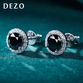 DEZO 1.6ct Black Moissanite Diamond Stud auskarai moterims 6mm briliantiniai apvalūs Halo Solid 925 svarų sterlingų sidabro papuošalai
