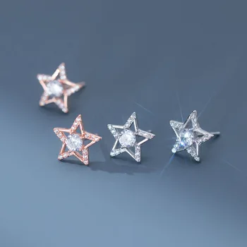 Real 925 Sterling Silver Hollo Star Stud auskarai su cirkonu Hipoalerginiai papuošalai moterims mergaitėms