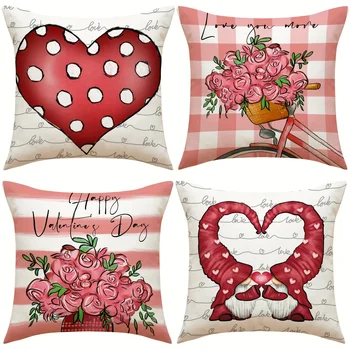 4PCS Valentino diena Raudona meilė Rožių gėlių apželdinimas Mesti pagalvės užvalkalas Namų sofos pagalvėlės užvalkalas Lino mišinio laiškas Automobilis