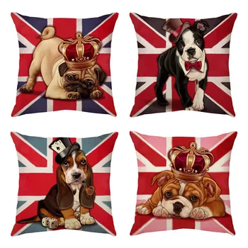 Didžiosios Britanijos nacionalinės vėliavos šunų pagalvių dėklas Mielas šuo Medvilninis linas Mesti pagalvės užvalkalas lovai Sofa Svetainė Pagalvių užvalkalai pagalvėms