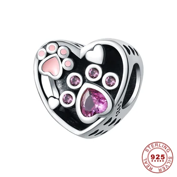 925 Sterling Silver Pink Cz Pave Paw Print Heart Bead Charm For Moment Bracelet Christmas Daughter Girl Gift New In