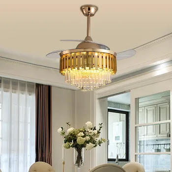 Moderni krištolo aukso ventiliatoriaus lempa Svetainė Valgomasis Nematoma lubų ventiliatoriaus lempa Šiaurės šalių prabangios buitinės ventiliatoriaus lempos nuotolinio valdymo pultas