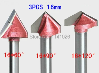 3PCS(60 laipsnių + 90 laipsnių + 120 laipsnių) kotas-6mm plotis-16mm, CNC graviravimo 3D V griovelio maršrutizatoriaus bitas medienos apdirbimo pjaustytuvo įrankių rinkiniai
