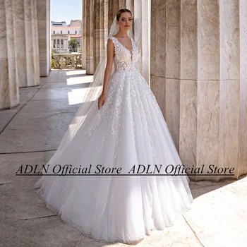 ADLN Romantiškos nuotakos vestuvinės suknelės Naujai atvykusios V kaklo berankovės nėrinių aplikacijos A linijos nuotakos suknelė Pasirinktinio dydžio Vestido De Noiva