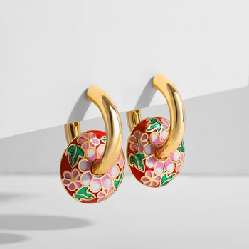 Aukso spalvos nerūdijančio plieno stambaus lanko auskarai Emalio gėlių spurgos Apvalios kilpos auskarai moterims Mados papuošalai Brincos 2022