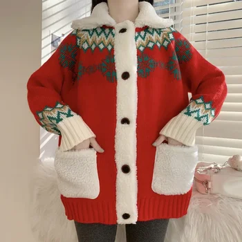2023 m. rudens žiema Moterys Raudonas kalėdinis sutirštintas Kawaii megztinis Megztinis Megztinis Megztas megztinis