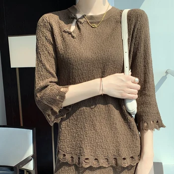 Tuščiavidurė odos priežiūra Lengvas sijonas Pavasario/vasaros moteriška palaidinė apvaliu kaklu Naujas megztinis