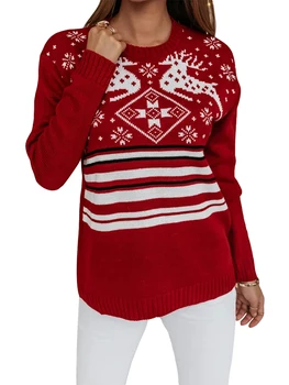 Moterys Kalėdinis megztinis Laisvalaikis ilgomis rankovėmis Apvalus kaklas Šiauriniai elniai Geometrinis atspaudas Megztiniai Megztos viršūnės Rudens žieminiai džemperiai Gatvės apranga