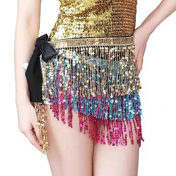 Moteriškas blizgantis pilvo sijonas Vakarėlis Shinny Fringe Mini sijonas Reguliuojami juosmens dirželiai Tvarsčiai Mini sijonas šokio spektakliui 