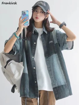 Džinsiniai marškiniai Moteriški vasaros pleistrai Vintažinis japoniško stiliaus pusės rankovių kontrastas Gatvės drabužiai Hip Hop poros drabužiai kasdien