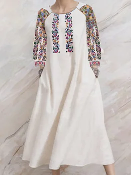 Moteriški marškiniai Suknelė ilgomis rankovėmis Laisvalaikio prašmatnios kišenės Etninė įgula Kaklas Gėlių atspaudas A-Line Rudens mada Vintažinė moteriška midi suknelė