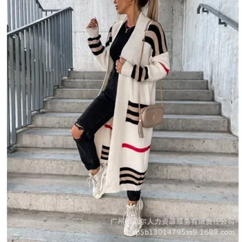Moterys Rudens megztas ilgas megztinis Y2K INS drabužių drabužiai Dryžuoti ilgomis rankovėmis atviras priekinis ilgosios linijos megztinis