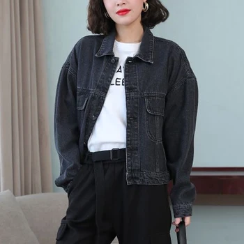 Fashion Female Jackets Casual Clothes Vintage Black Denim Jacket Tops Women Autumn Loose Jeans Jackets with Pocket Casaco 29276