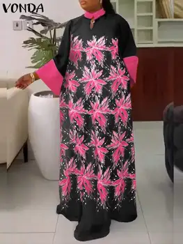 Moteriška bohemiška suknelė VONDA 2023 m. vasaros stovo apykaklė Flare rankovė Maxi Long Sundress Gėlių atspaudas Laisvalaikio vakarėlis Vestidos