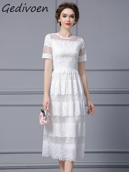 Gedivoen Vasaros mados dizaineris Elegantiška balta vakarėlio suknelė Moteriška trumpomis rankovėmis High Wist nėrinių siuvinėjimas Tuščiavidurė ilga suknelė