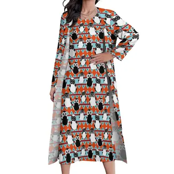 Afrikos pelėdos suknelė Rudens retro geometrinis atspaudas Estetinės laisvalaikio ilgos suknelės Moteriškas dizainas Elegantiška Maxi suknelė Didelis dydis 4XL 5XL