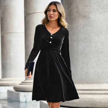 Suknelės moterims 2023 Prancūzų juoda V-Neck Vestidos Elegantes Para Mujer Waist Wrapped Hepburn stiliaus maža juoda aksominė suknelė