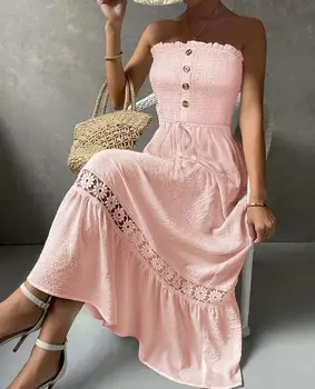 Elegantiškos suknelės moterims 2023 m. vasaros naujas laisvalaikio mados sagų dizainas Bandeau Shirred nėrinių pleistras Maxi suknelė saldi ir gaivi