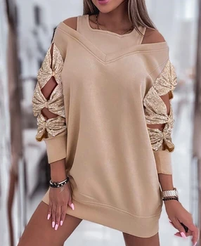 Peteliškės dizainas Kontrastinga blizgučių džemperio suknelė 2023 Naujausia moteriška apvaliu kaklu ilgomis rankovėmis