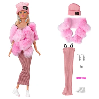 NK Official 7 Items/ Set Doll Royal Afternoon Tea Noble Pink Dress+Shawl+Hat+Earkarai Barbei Lėlių drabužiai Žaislų aksesuarai