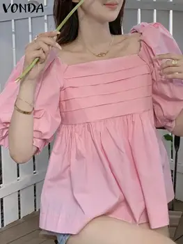 Moteriškos vasaros elegantiškos palaidinės VONDA seksualios kvadratinės apykaklės tunikos viršūnės 2023 m Pusiau pūstomis rankovėmis Plisuoti marškiniai Laisvalaikio vienspalviai blusai