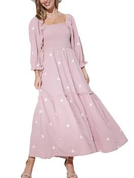 Gėlėta suknelė ilgomis rankovėmis moterims Vestuvių svečias Laisvalaikio kvadrato kaklo gatvės apranga Pakopinės raukinės Boho sūpynės suknelės