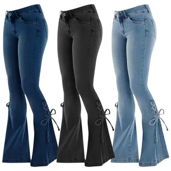 Nauji moteriški platėjantys džinsai Aukšto juosmens džinsinės kelnės Vintažinės tamprios gatvės apranga Nėriniai aukštyn varpelio apačia Kelnės Elastinės džinsinės kelnės Moterys