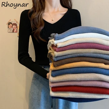 Pullover Women Solid Simple V-Neck All-match Ulzzang Vintage 15 Colors Knitted Korean Style Casual Sweet Girls Tamprūs megztiniai