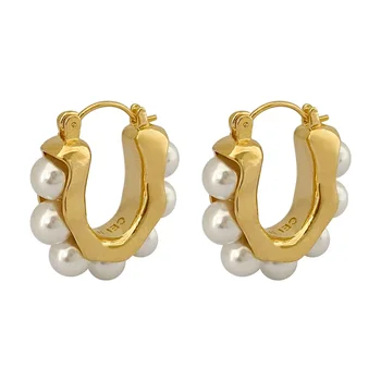 Perlų auskarai moterims Prancūziško U formos dizaino auskarai Šaunūs retro auskarai Juvelyrikos dovanos moterims mergaitėms