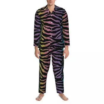 Vaivorykštė Juoda juostelė Zebro pižama Vyriškas gyvūnas Spausdinti Naktiniai naktiniai drabužiai Rudens 2 dalių estetinis negabaritinis spausdintas pižamos rinkinys