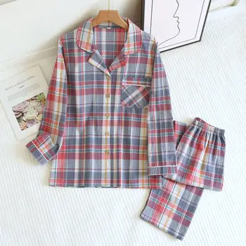 Pavasaris ir ruduo Naujausias medvilninis minimalistinio stiliaus pižamos komplektas Medvilninis pledas Dizaino moteriški namų drabužiai pižamos kostiumas ilgomis rankovėmis