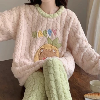 Yasuk Rudens mada Moterų laisvalaikis Mielas lokys Mielas Mergina Šiltas minkštas miego drabužis Laisva pižama su kelnėmis Flanelinis megztinis