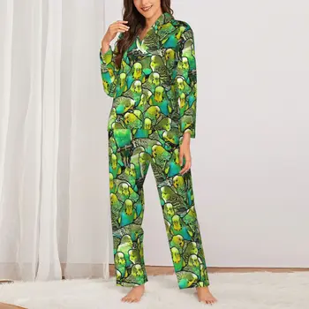 Pižama Moteriškos šaunios papūgos kambario miego drabužiai Juokingi gyvūnų atspaudai Dviejų dalių laisvi pižamos rinkiniai ilgomis rankovėmis Elegantiškas oversize namų kostiumas