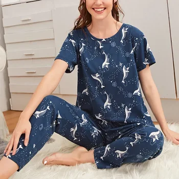 Moteriški pižamų komplektai minkšti patogūs pj komplektai trumpomis rankovėmis ir ilgos kelnės pižama tamsiai mėlyna miela delfinų atspaudo miego apranga su paakių kauke