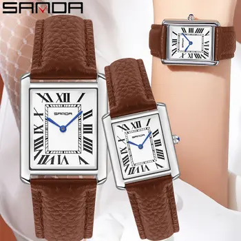 SANDA Vyrų moterų kvarcinis laikrodis Romėniškas skaitmuo kvadratinis nerūdijančio plieno odinis rankinis laikrodis Atsitiktiniai mėgėjai Vandeniui atsparus moteriškas laikrodis